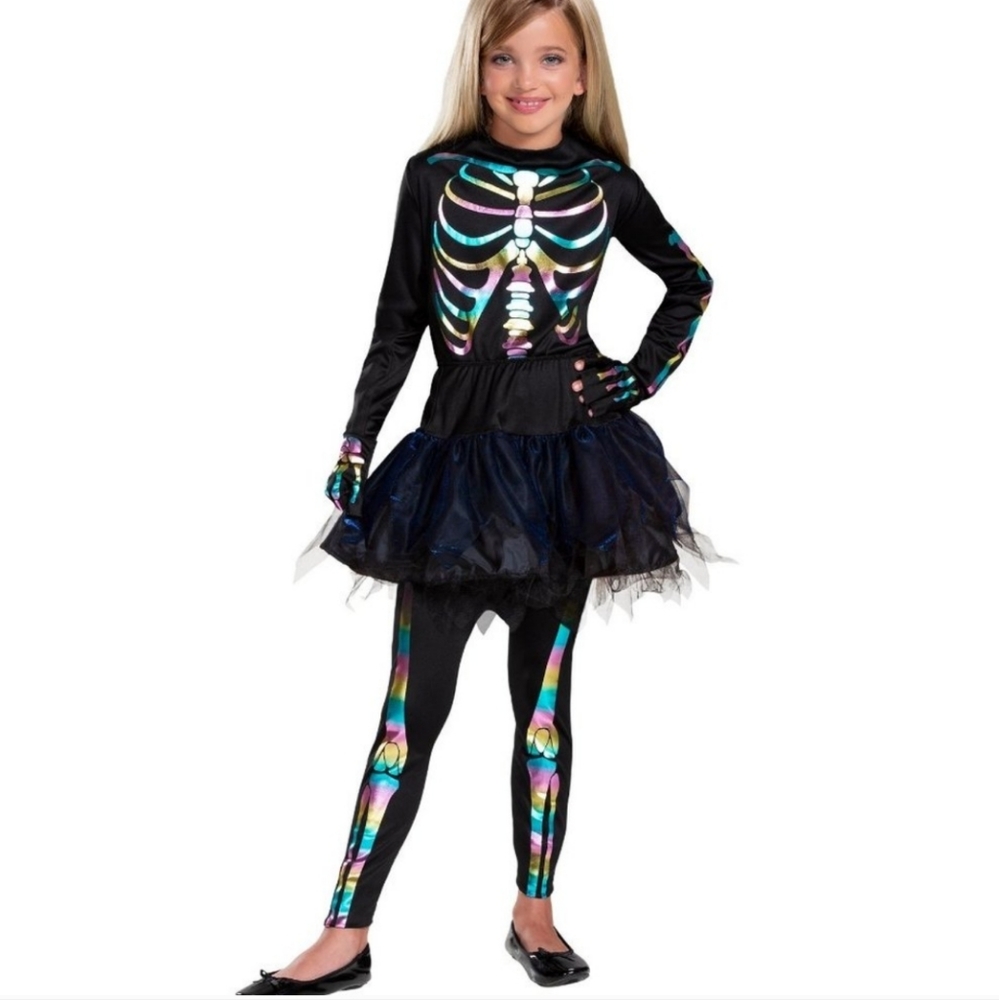 Girls FLASHY BONES Rainbow Skeleton Costume Size Large Leggings Gloves